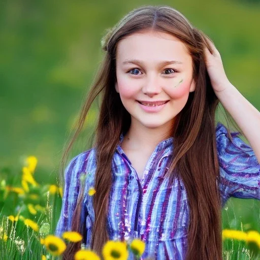 una chica de 10 años con pelo largo moreno y cara alegre va caminando sobre un prado con flores y arboles, pero en los bordes de la imagen se ve claramente que en realidad es una simulación por ordenador