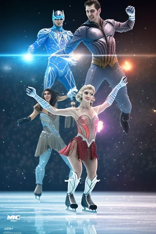 A photo taken from the ice skating show "Zack Snyders Justice League", <character or scene>, ice skates, cinematic lighting --v 4 --q 2