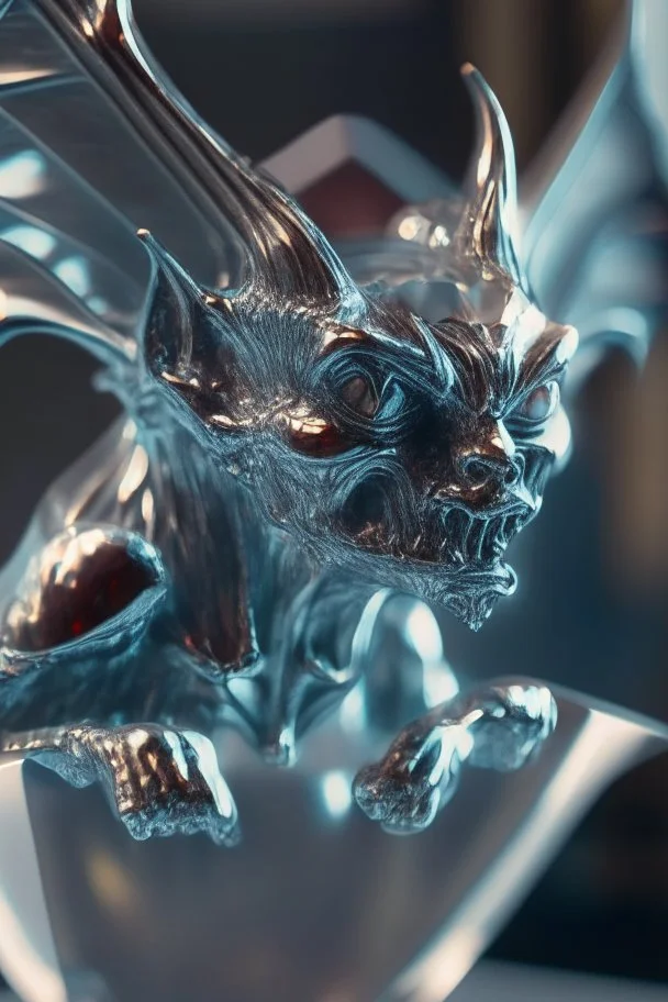 transparent gemstone gargoyle, in chrome casino, high detail, 8k, cinematic, depth of field, art