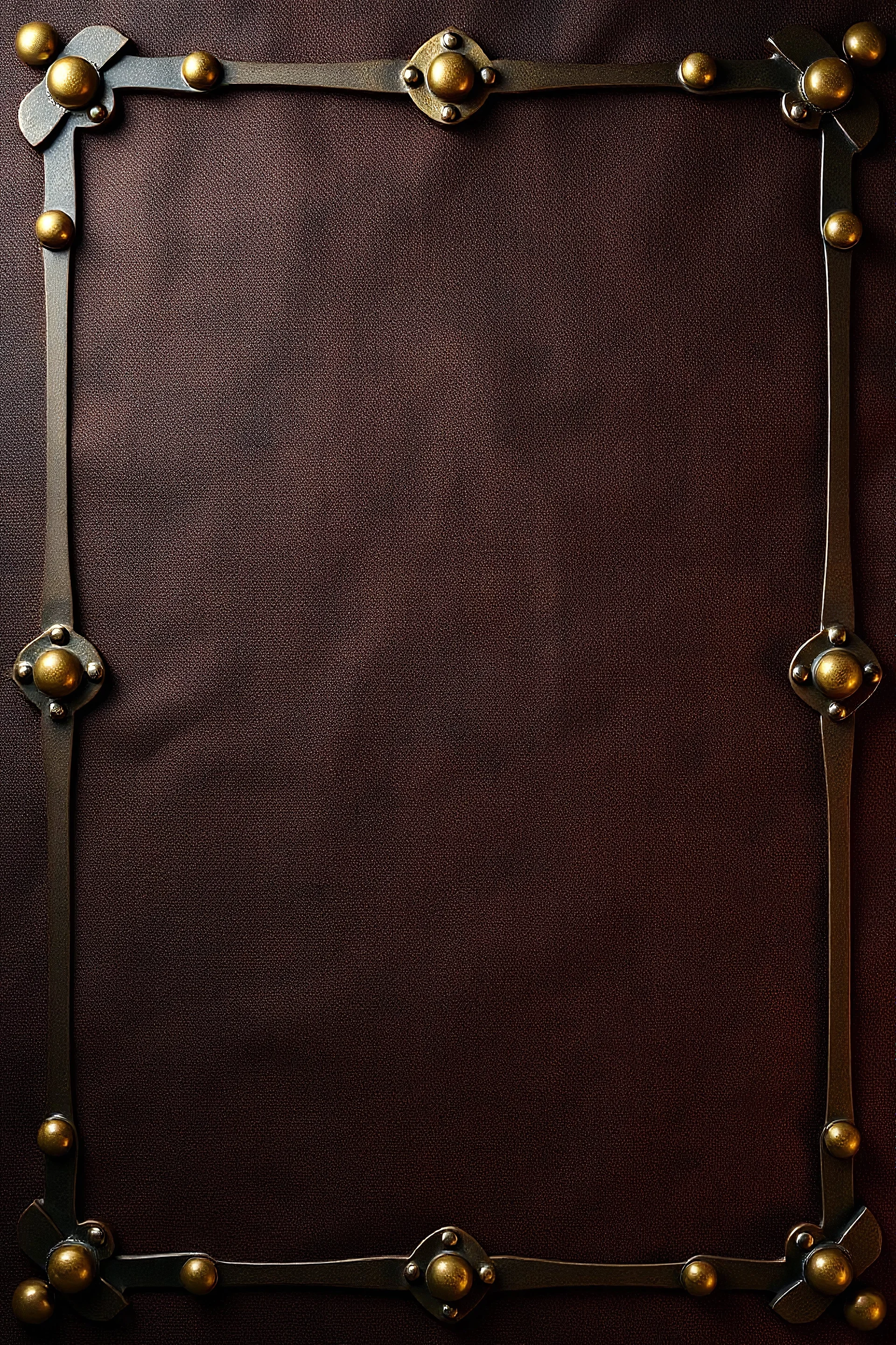 darker textured fabric background, framed by decorative western style brass elements in each corner