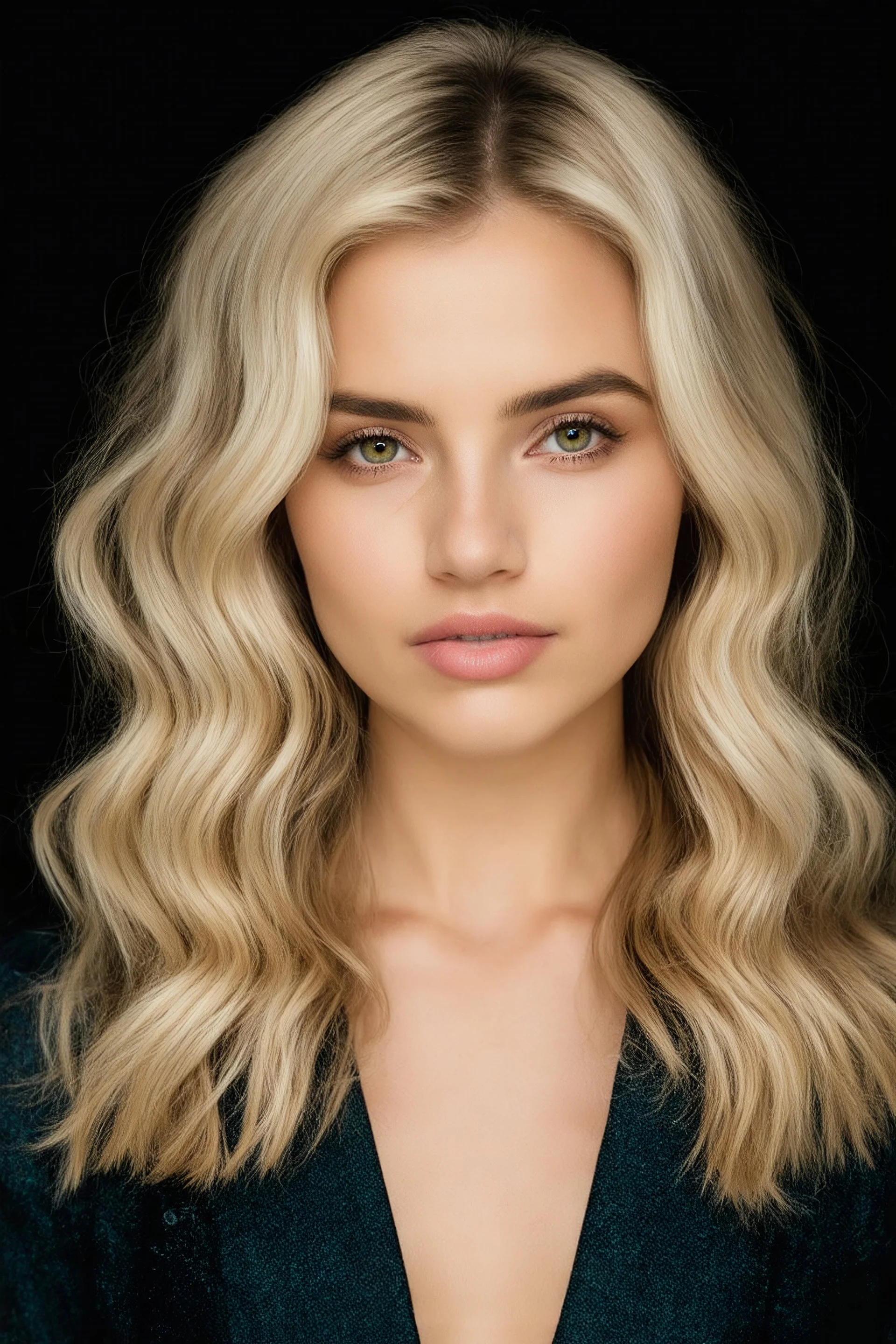 Fay Gotz, 14-year-old American actress, photorealistic 4K, cinematic lighting, heart-shaped face, porcelain fair skin with warm undertones, high cheekbones, soft peach blush, large almond hazel eyes flecked with green and amber, long curled lashes, soft arched brows, straight narrow nose with rounded tip, full lips with defined cupid’s bow, long, bleach-blonde hair with bangs mid-back length, voluminous waves, deep side part, slender hourglass frame