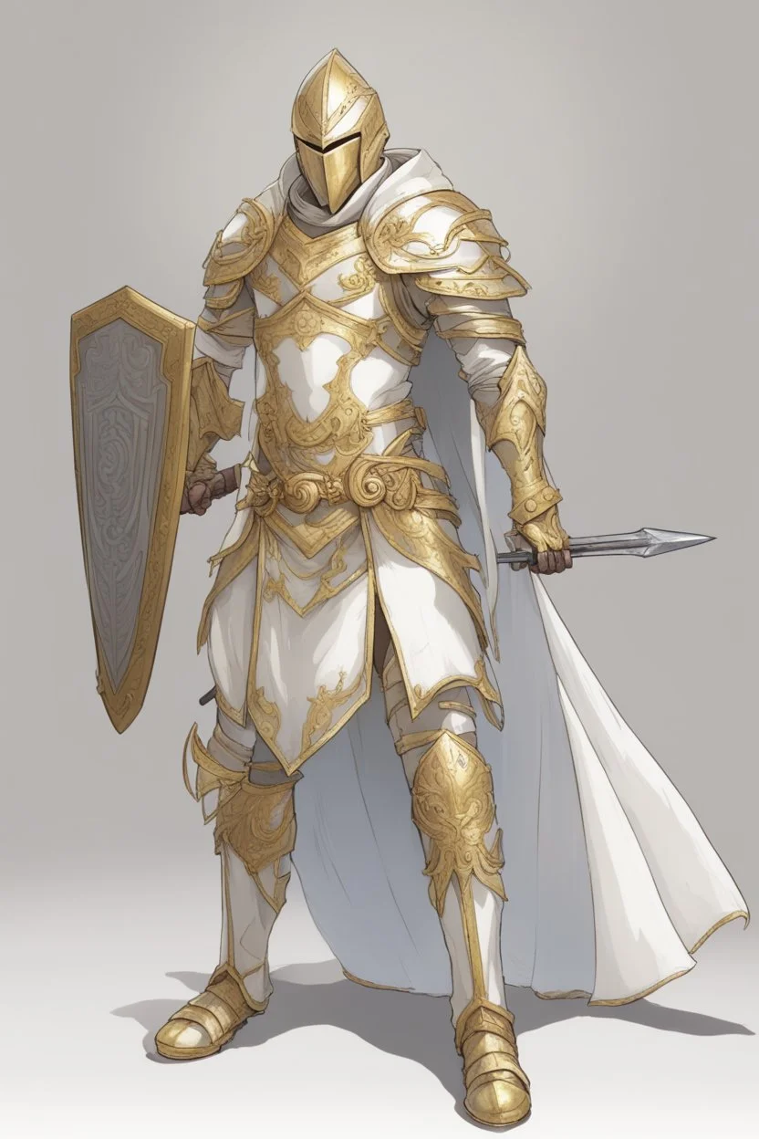 Leonin knight wearing white and gold armor, wearing a white and gold cape, holding a large sword and shield