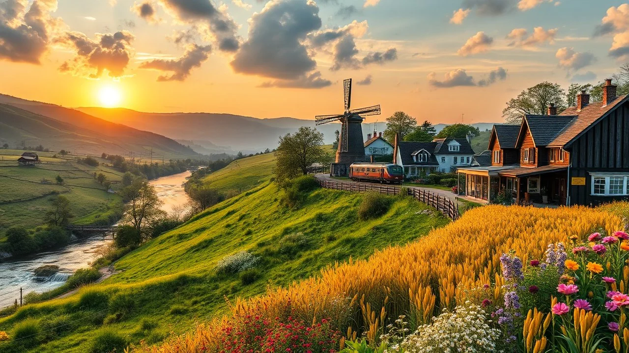 a lady dancing to camera in village over high grassy hills,a small fall and river and wild flowers at river sides, trees houses ,next to Ripe wheat ready for harvest farm,windmill ,a pretty train is arriving to station along river,a few village local shops ,cloudy sun set sky