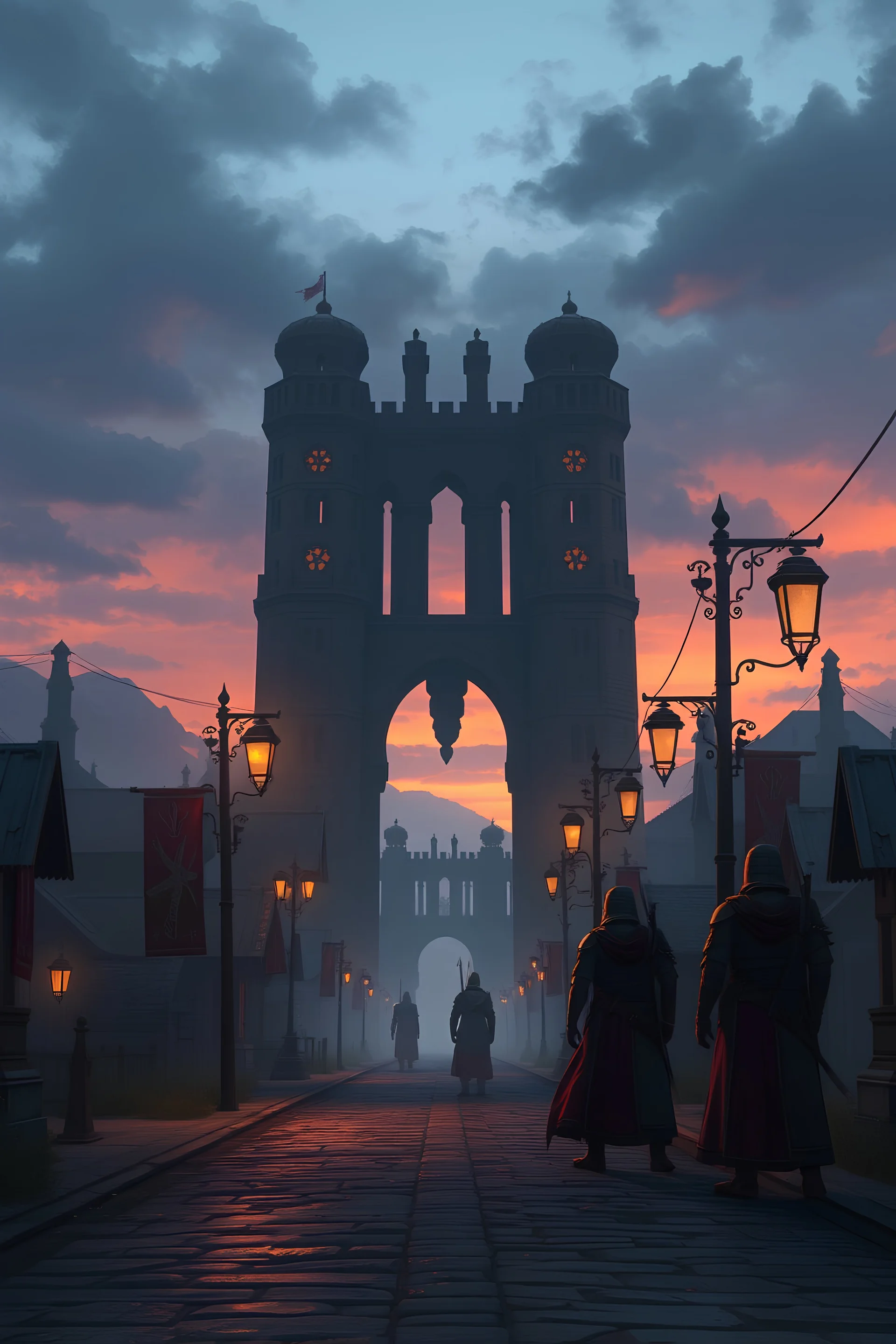 A street in Vallaki in the late evening with in the distance one large guard and two smaller guards. A fantasy RPG style image.