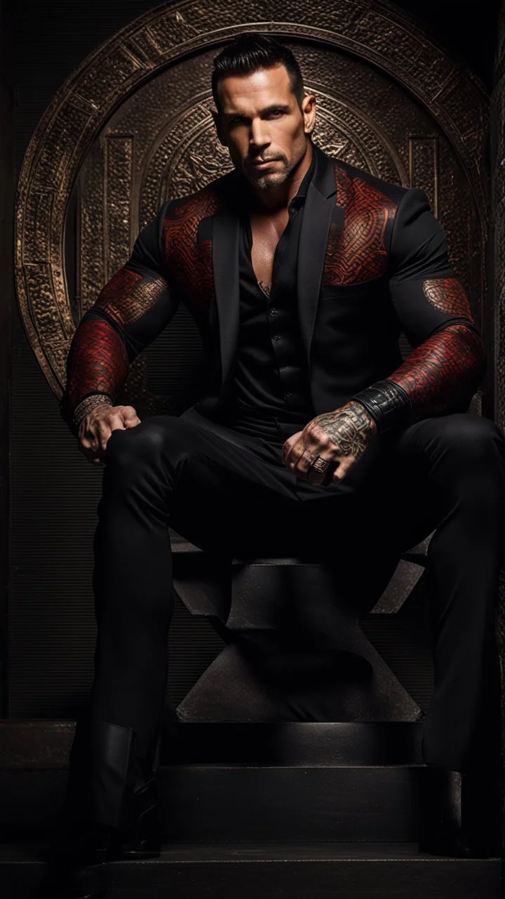 Jason David Frank as a Very muscular alpha male with short hair and tribal tattoos. wearing a black designer suit , standing in a doorway