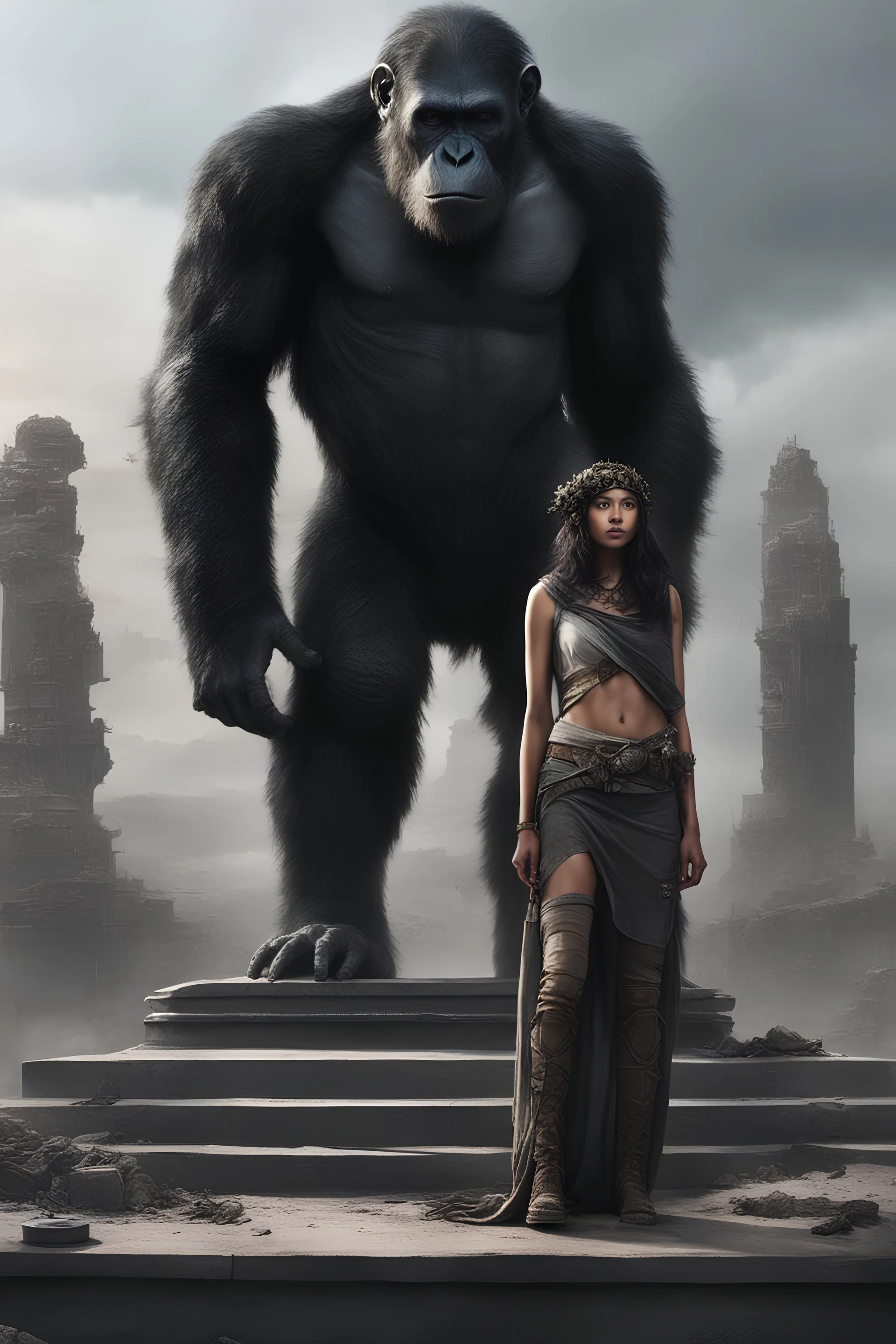 Aji Danajiu black hair, wearing superhuman clothes, standing on top of a pedestal in a post-apocalyptic wasteland next to Caeser, the king of the apes