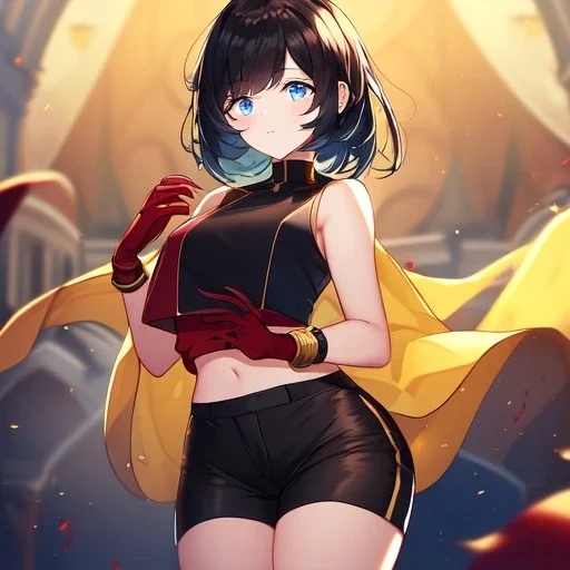 Clear focus,High resolution, Black short fluffy hair, and blue eyes, wearing a black shorts, sleeveless crop top, wearing long dark red gloves, yellow cloak
