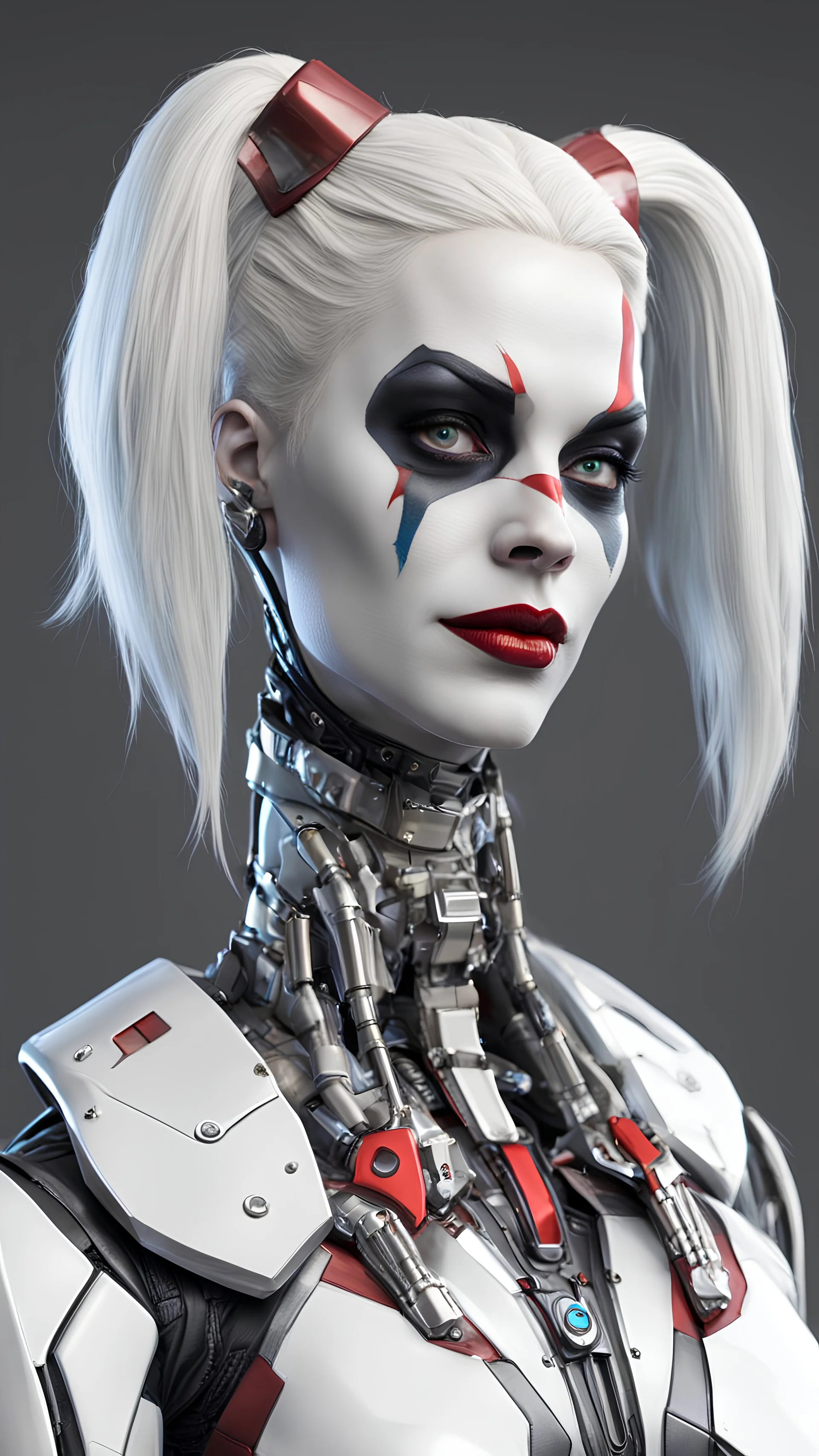 A realistic white harley quinn in a titanium cybernetic suit, detalhado, designe perfeito, alta qualidade arestas perfeitas e simetricas ::n_desenho de estilo, Low-quality imperfection, boneco, game, anime