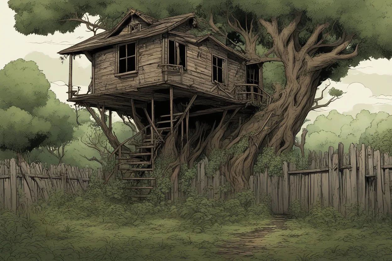 tree house , overgrown apocalyptic background, comic book, garden, fence