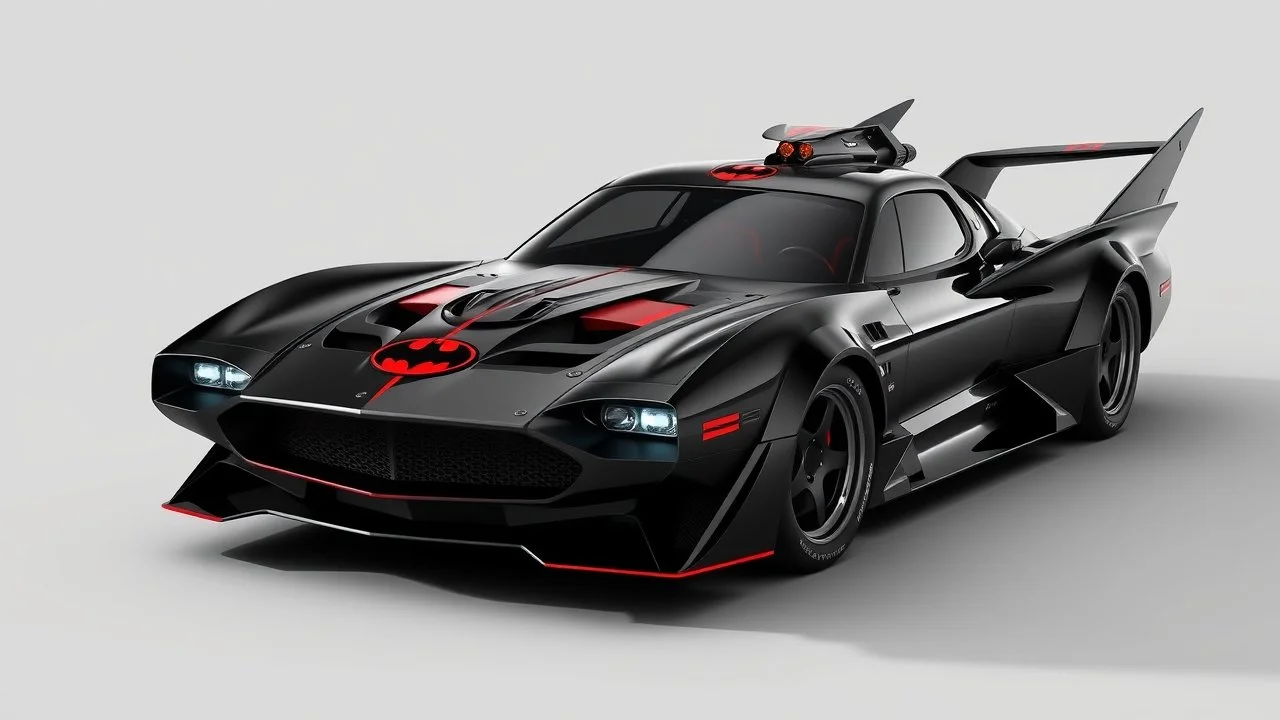 batmobile concept inspired from a 2025 ford mustang dark horse with a large elaborate spoiler and batman symbol style fins, batman symbol in grille, lower wind deflector. red stripes like 1960s adam west batmobile