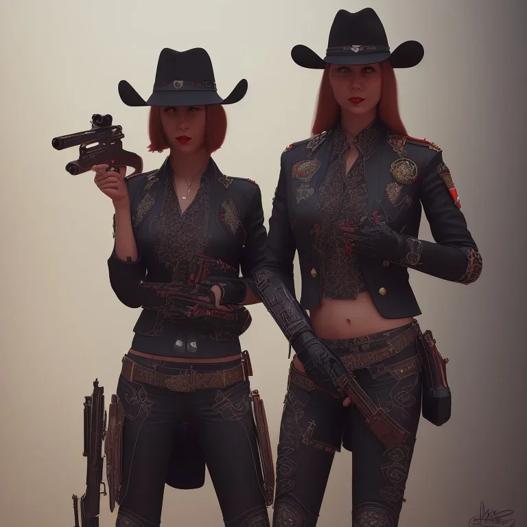 portraitfrom shoulders to head of a male and female gunslingers, badass, two guns, black fedora, dark red eyes, fanatsy, si-fi, photo realistic, ultra realistic, 8k