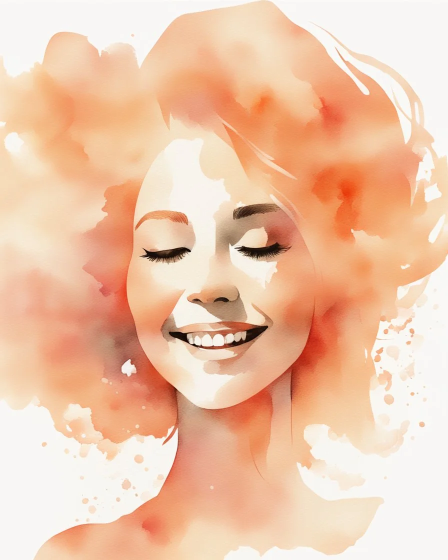 abstract woman smiling silhouette and hair light peach colors watercolor draw