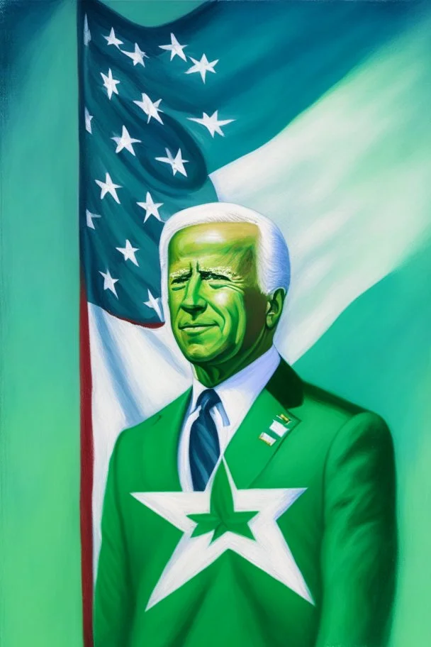 "painting of joe biden with green flag with white square and green star. "esperanto flag""