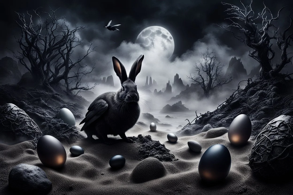 dark fantasy land with mystic, fog, deep cloros, burning landscape with mist, dark fantasy plants, silver and onix crystal eggs lying in sand, pale lights, rocks, weird surreal big dark rabbit-bird mutants, dark fantasy mood, sureal, high quality, high contrast, cinematic, atmospheric, weird mood