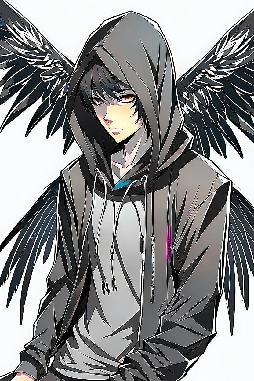 Anime man with black wings, realistic, wearing a hoodie