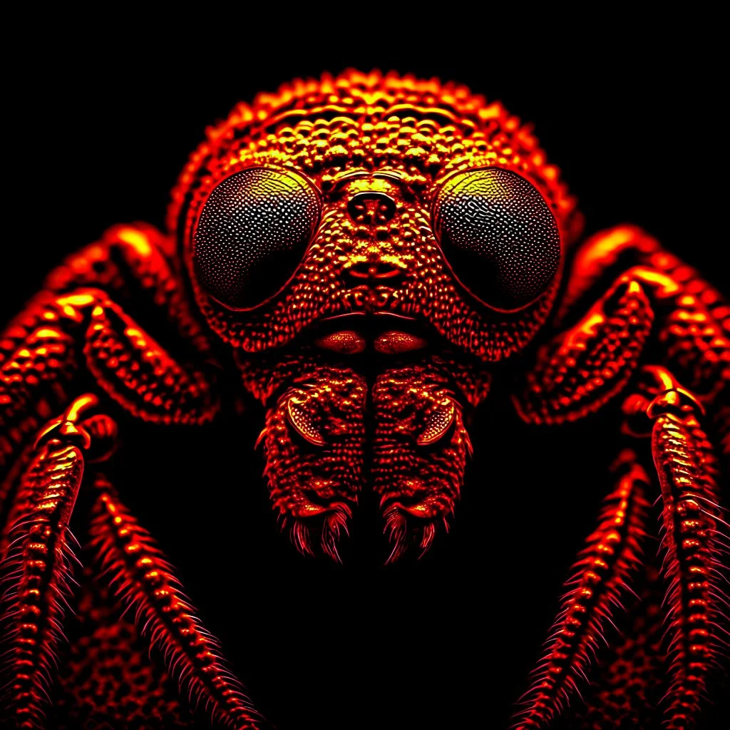 A national geographic award skin color patterned like a poisinous incect or reptile, horrorcore, science gone crazy, winning photograph of of a bat spider housefly hybrid in nature and on the hunt, 64k, reds, oranges, and yellows anatomically correct, 3d, organic surrealism, dystopian, photorealisitc, realtime, symmetrical, clean, 4 small compound eyes around two larger compound eyes, surrealism telephoto dynamic lighting 64 megapixels Unreal Engine volumetric lighting VRay