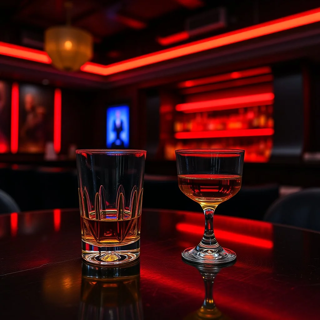 a table showing two whisky glasses in a dark bar room, red neon hues