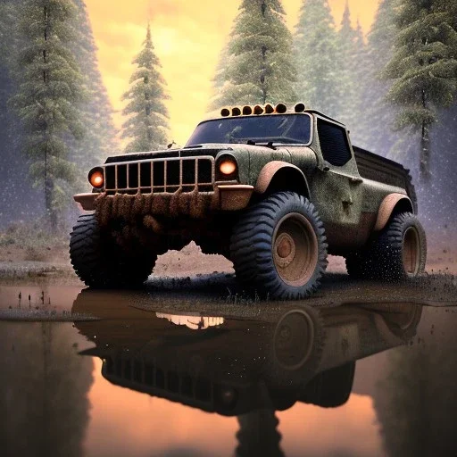 stylized hyperrealistic shot, muddy aggressive military toy truck, monotone color palette, sharp focus, puddle reflection, tire water splash, refraction, sunset, rocky terrain with huge boulders, detailed and intricate, cinematic composition, micro, tilt shift photography, unreal engine 5, octane render, 8k, cinematic lighting