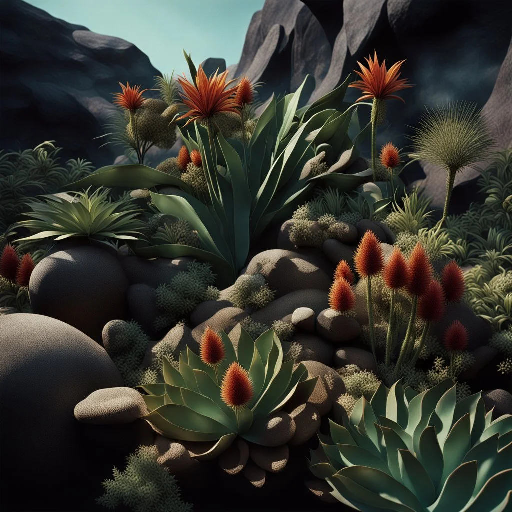 A striking photograh close-up captures a hyperrealistic wasteland with group of plants and glossy material, adorned with rocks. Magnificent. Henri Rousseau. Volumetric light. Shot on Kodak Portra 160 professional, eerie, giant black sun, 8k, deep 3d field, odd flowers, rock formations, strong texture, extreme detail, intricate, colours, rich moody colors, sparkles, bokeh, 33mm photography, details of the flowers and rocks very accentuated