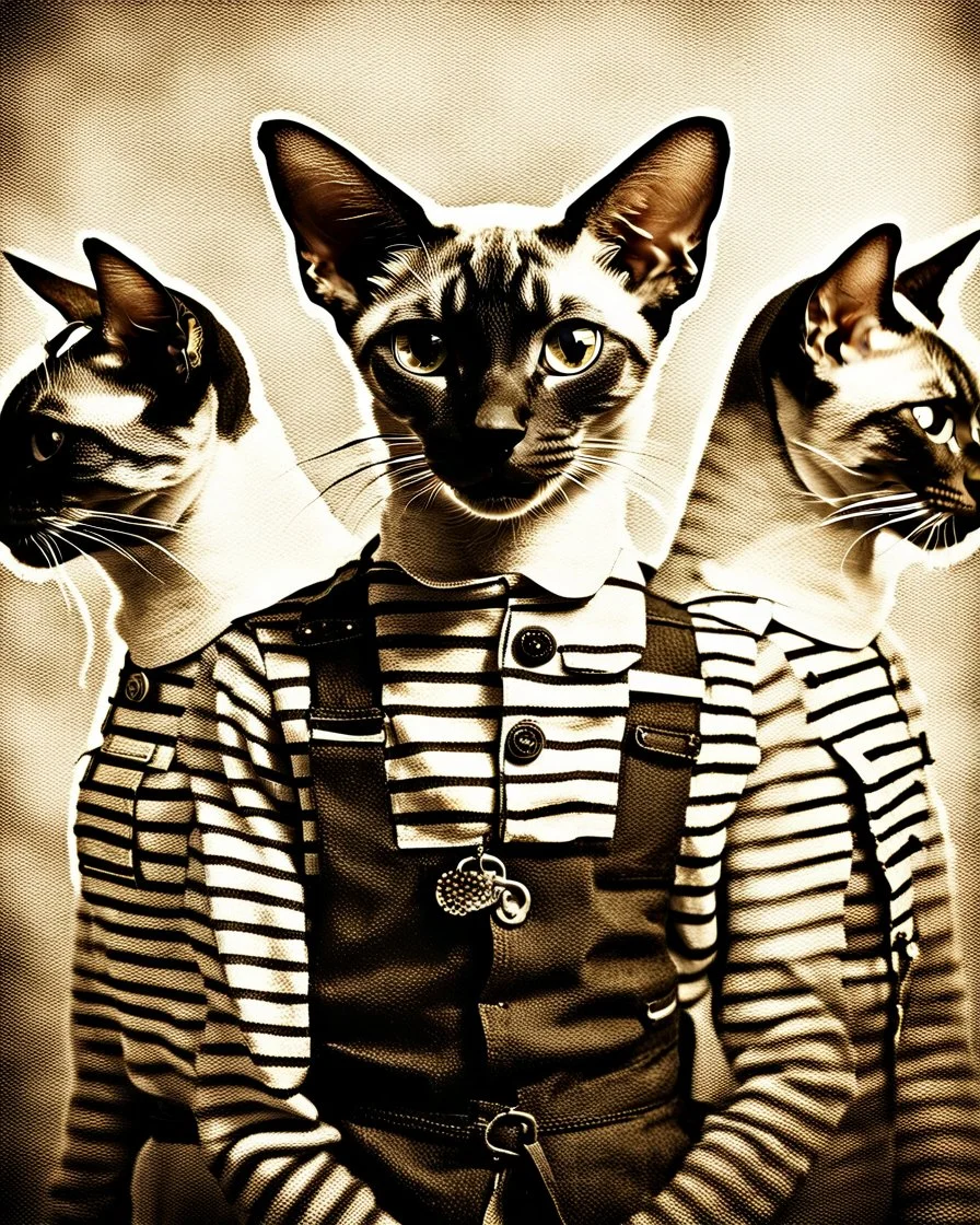 PROMPT: Surrealist portrait of a Oriental shorthair Siamese cat in a convicts outfit, layered multiple exposures of [POSE]. Each overlay is motion blurred and translucent. Monochrome palette, aged film grain and light scratches. A subtle glow softens the focus, evoking [MOOD]. Inspired by early analog photography experiments