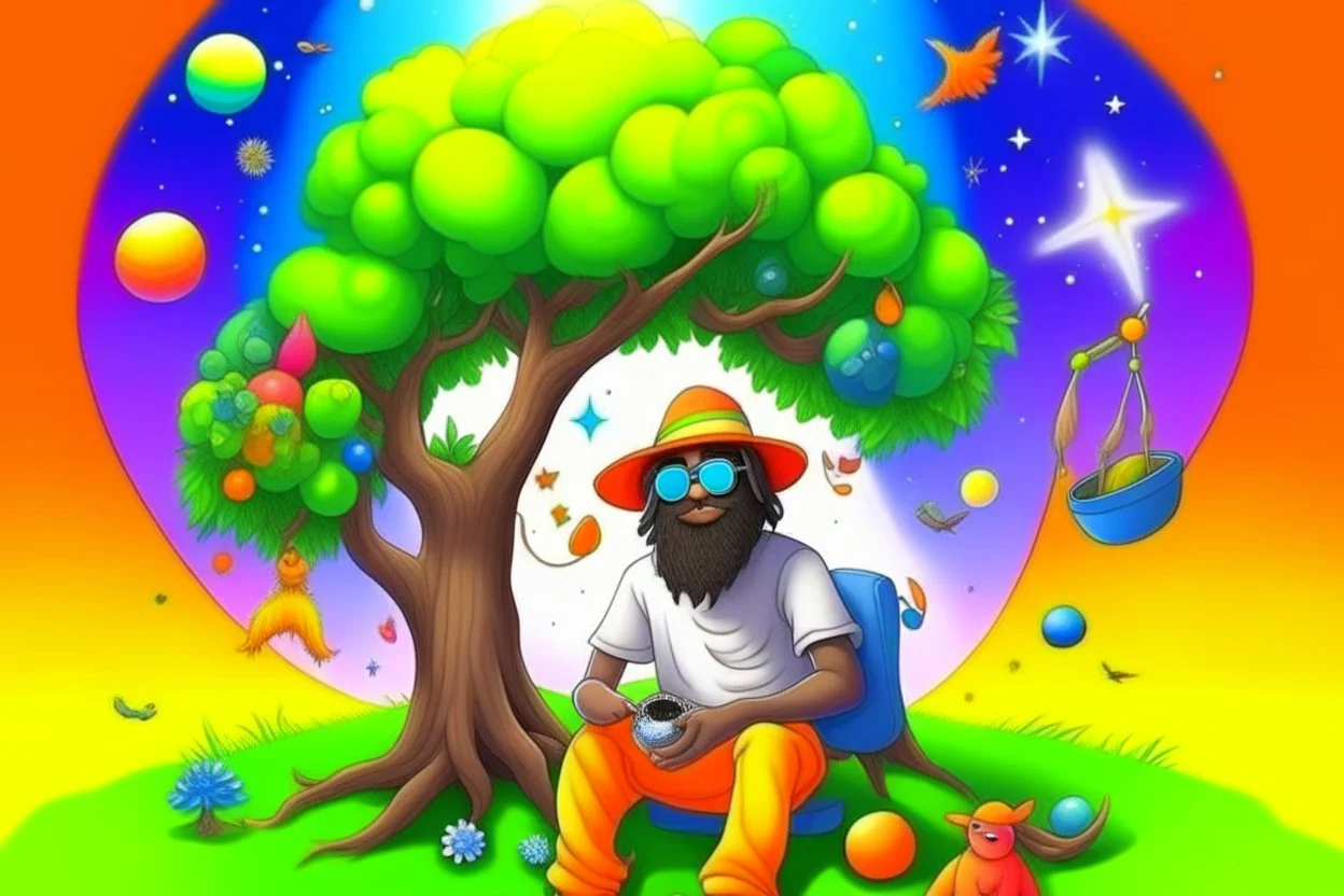 sasquach whit an orange bucket hat with googly eyes sitting under a tree and smoking a joint. in the middle of the sky the is a rainbow. On the right of the rainbow you can see a night sky with a galaxy and planets. on the left side of the rainbow is clear day sky, There is a light coloured guitar near the sasquach. realistic, photograph, full body, landscape