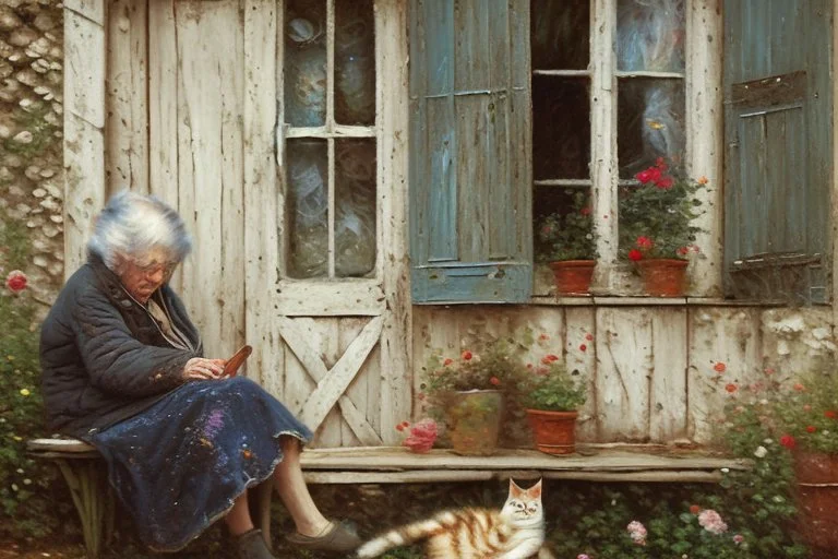 oil on roughened canvas, Textured Scumbling Technique, loose unstructured, Monet brush strokes. vintage feel. Old wooden Open housedoor with peeling paint, window next to door. An old woman with a curled sleeping cat beside her is sitting on an old tatty wooden bench. flowers, and pots. scruffy rundown pop hue of red