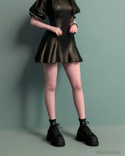 Billie Eilish, sitting on a chair, Black Short Dress, high detail, realistic