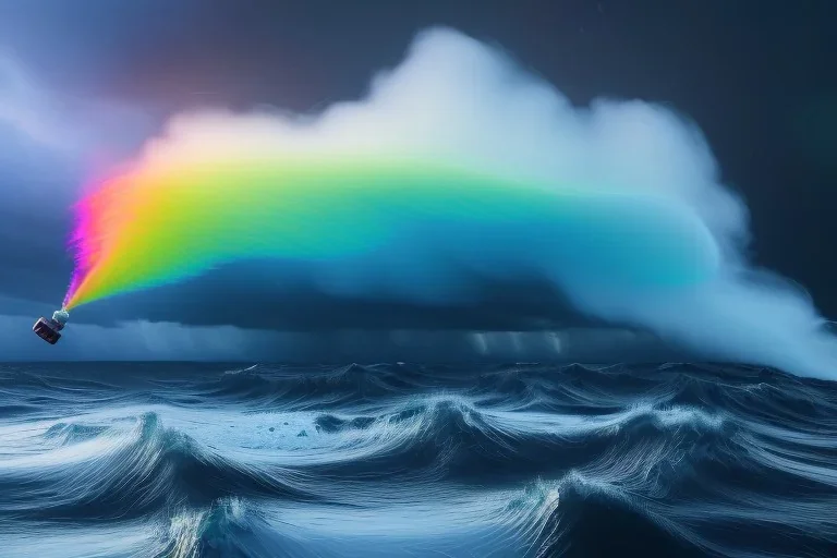 precise digital photo of a rgb random multicolour tornado made of smoke particles, over a stormy ocean, high waves colliding with the smoke, foam, intricate, 8k, extremely detailed, cgi, hyperrealistic render, volumetric lighting, impressive volumetric clouds, vitality colors, double precision