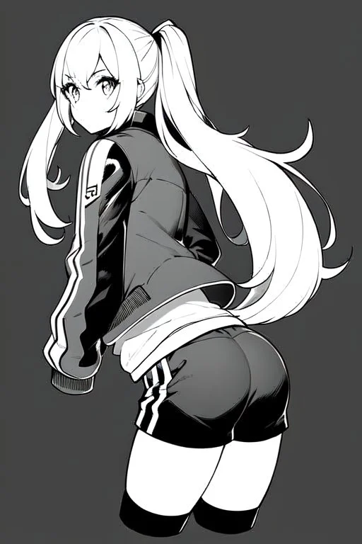 blonde girl with ponytails dressed in a jacket and shorts walks briskly, greyscale