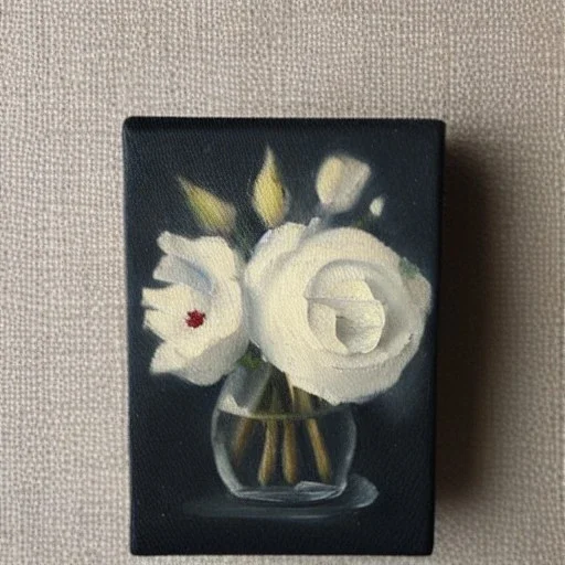 tiny oil painting of single long stem pressed flower, white canvas, moody, vintage, delicate arrangement, beautiful composition, etsy, aesthetic layout, plain solid white background