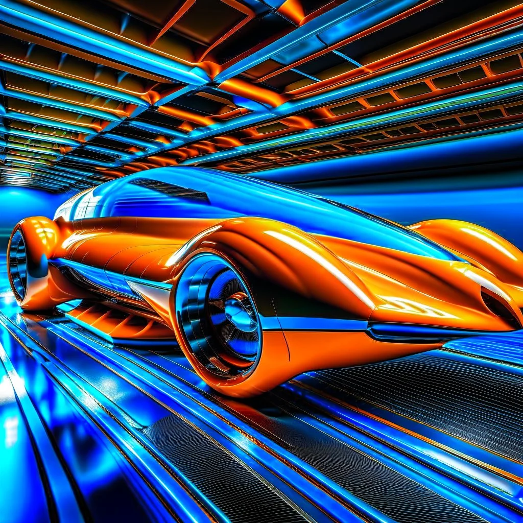 award winning car and driver photograph of a futuristic station wagon designed by only one vehicle per image painted metallic orange traveling at a high rate of speed, jet intake off of front center of vehicle and jet exhaust out the rear with bright blue flame, bilaterally symetrical, more a high speed road vehicle