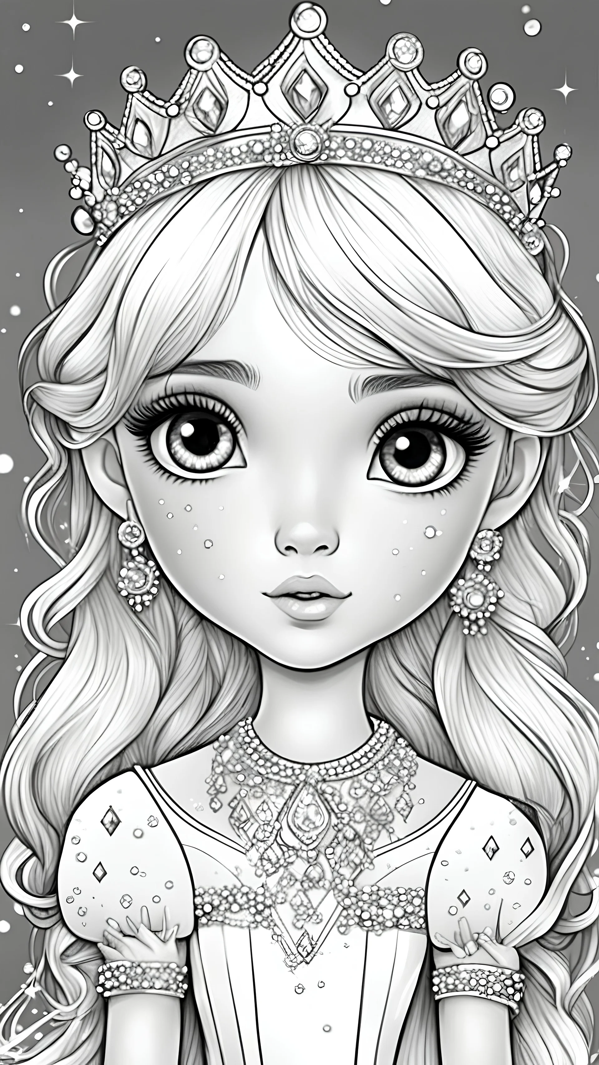 black and white, ((white background,)) coloring drawing page, for kids, line art, beautiful cute princess, with cute hair and eyes, crystals and diamond, sparkles background,