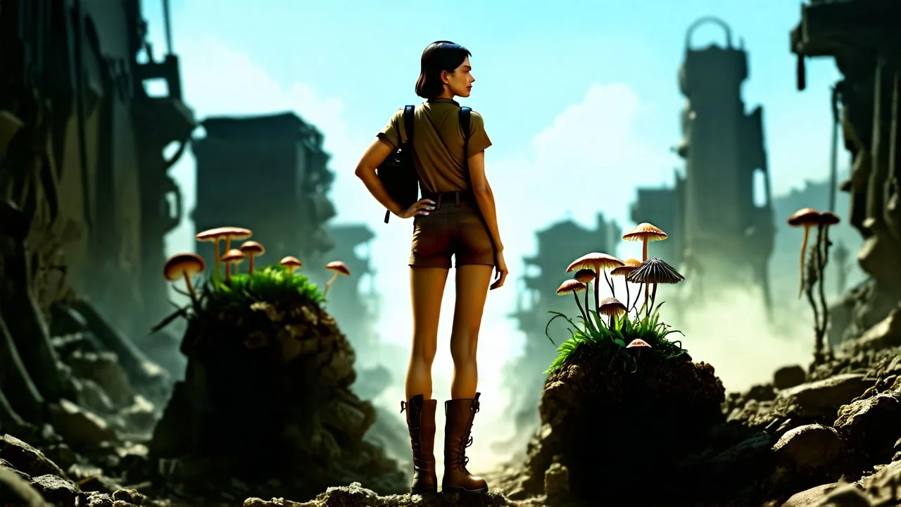 A slender 50-year-old woman, in brown shorts, a shirt and boots, one hand on hip, the other holding a backpack, standing in a deserted, empty, dead sci-fi city, with small clumps of strange plants and fungi