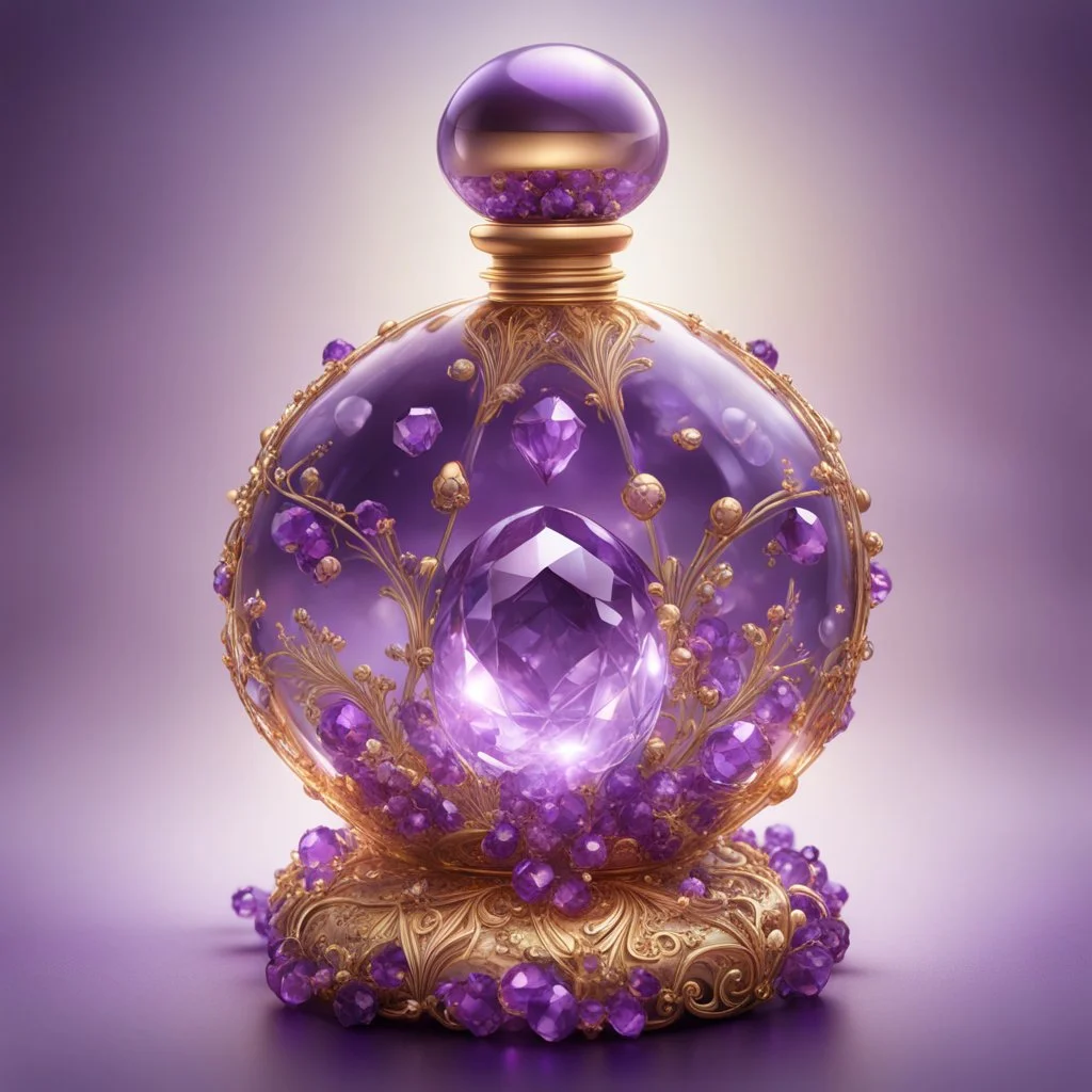 Golden round perfume bottle with purple crystal cap and small purple decorations. Illustrative art, art interpretation, concept art, cgsociety contest winner, seasonal art, seasonal art HD, 4k, 8k, intricate, detailed, intricately detailed, luminous, translucent fantasy crystal, holographic data, soft body, shadow play, light, fog, atmospheric, cinematic, light film, hyper-detailed, hyper-realistic, masterpiece, atmospheric, high resolution, 8k, HDR, 500px, mysterious and artistic digital art, p