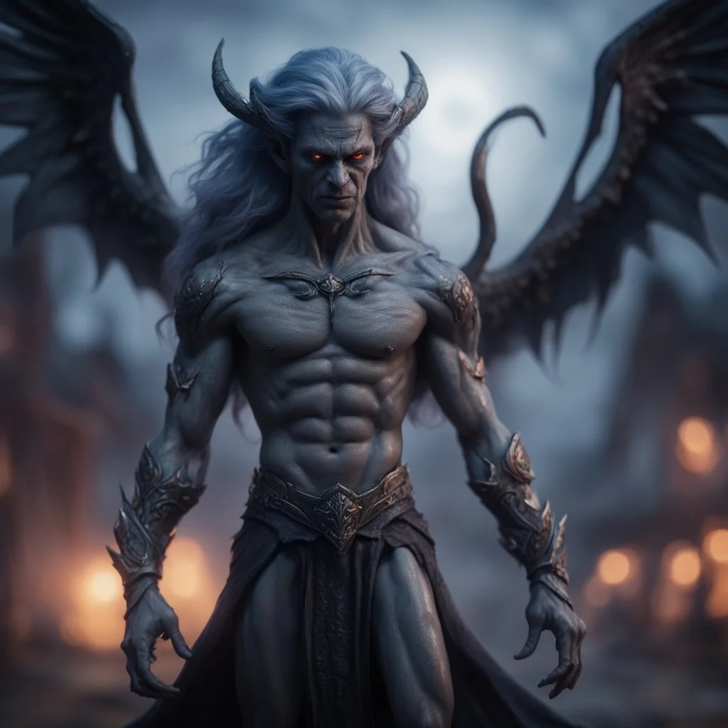 serpent dark elf grey angel nephilim vampire with muscles and big wig, Guiding souls through twilight, where the shadows flee In this realm of aftermath, phantoms softly tread Following the will-o-wisp, where the lost are led ,bokeh like f/0.8, tilt-shift lens 8k, high detail, smooth render, down-light, unreal engine