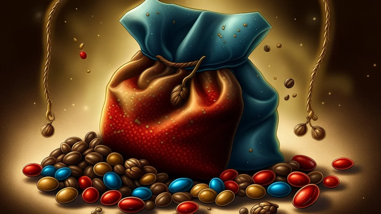 Fantasy digital illustration: 5 pieces of beans in a little bag