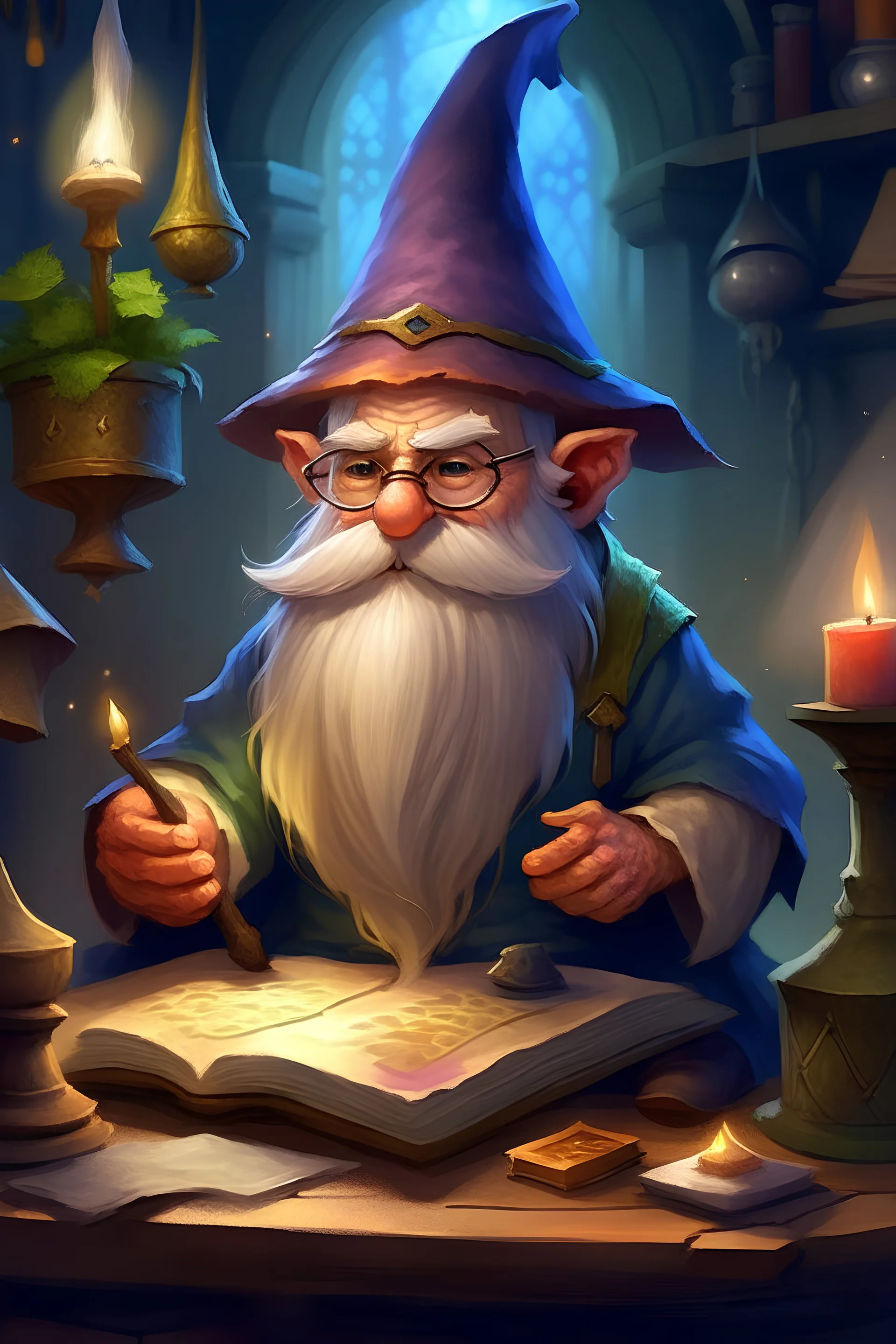 Gnome Wizard: A brilliant gnome wizard with a keen mind for numbers and calculations. They use their arcane abilities to create magical account ledgers and ensure the group's financial stability. Digital art, fantasay