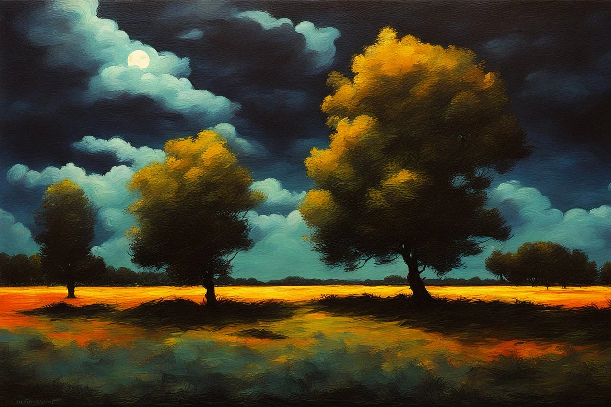 Trees, night, clouds, 2000's scifi movies influence, rodolphe wytsman impressionism painting