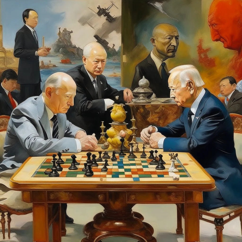 Putin, President Xi Of China And Joe Biden Play Chess With A Pigeon,Ufo And Atomic Bomb Mushroom Cloud,Complex Surgical Instruments Intermixed With A Newborn Boy,Minimalism,Painting By Adrian Ghenie,Rene Magritte,Pablo Picasso,Michelangelo,Salvador Dali,Lucian Freud