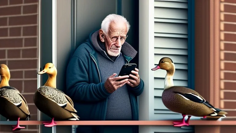 confused older man using cellphone on his porch trying to get the ducks to leave