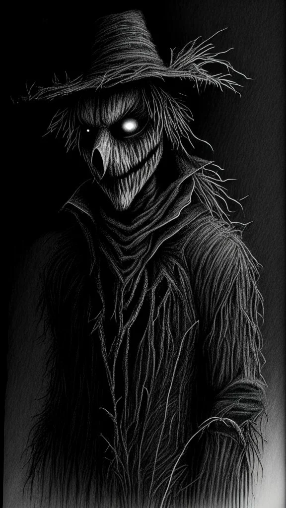 pencil drawing of a scarecrow. Spooky, scary, halloween, realistic, black paper