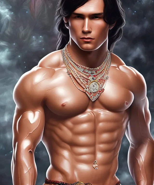 native american warrior, long black hair, big muscles, magic crystal neckless , shirtless