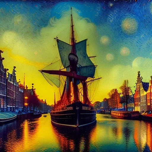 Portrait in oil of old sailor in medieval Amsterdam city river, clouds, boats , sunset, fantasy 8k by Van Gogh