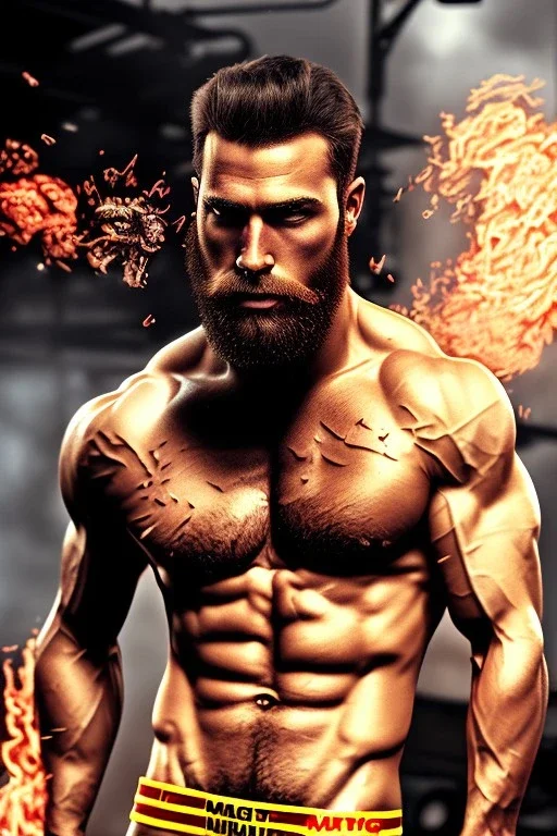 Ignore NSFW, teenager young rugged attractive slightly muscular fantastic handsome man, red briefs with yellow belt, hairy chest, (((visibly pisssing))) briefs, large erect visible boner peniss, photorealistic, artist Jay Anacleto, soft lighting, scruffy beard