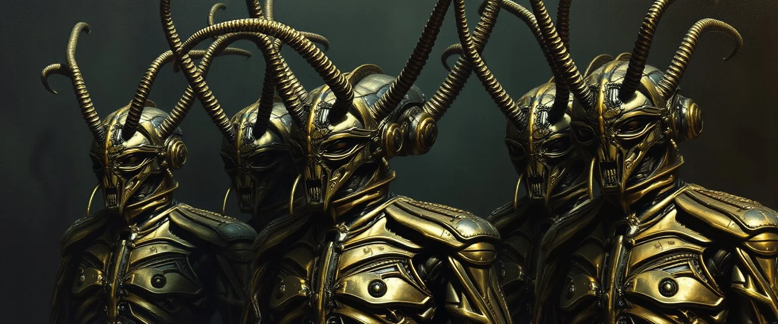 master oil painting by Rembrandt, insectoid Nephilim fascist trauma watchers glistening uniform in the style of Giger