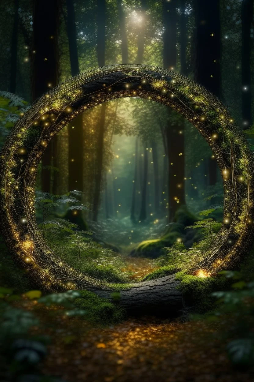 picture of a magical forest sparkling with light, inside a round frame,shot on Hasselblad h6d-400c, zeiss prime lens, bokeh like f/0.8, tilt-shift lens 8k, high detail, smooth render, down-light, unreal engine, prize winning