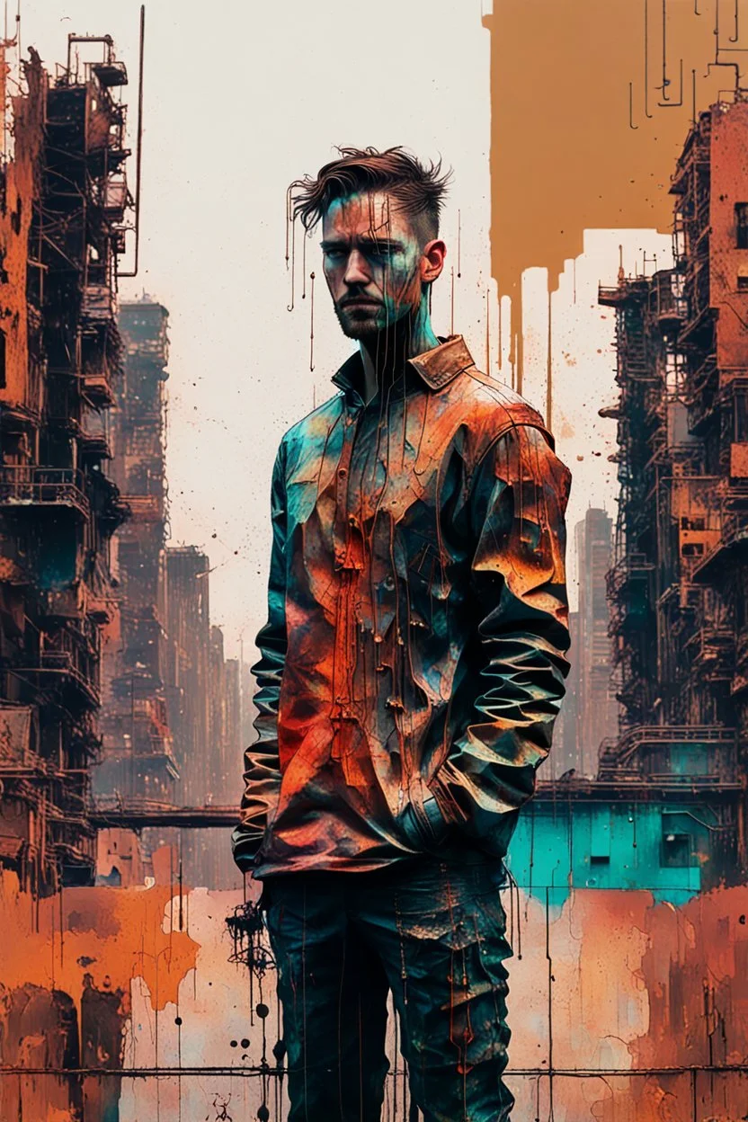 an impasto and tint line photo of a (sad:1.5) (cyberpunk:1.7) man standing in front of a city made of rust, ink leak, bronze - skinned, (front view:1.8), geometric curves, featured art, philosophical splashes of colors, art brought to life, soul shock, moderate glitch patterns