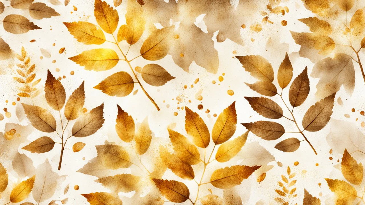 Hyper Realistic Beige-&-Yellow small-multicolor-Leaves With Glowing Golden Embers On Off-White Grunge Background.