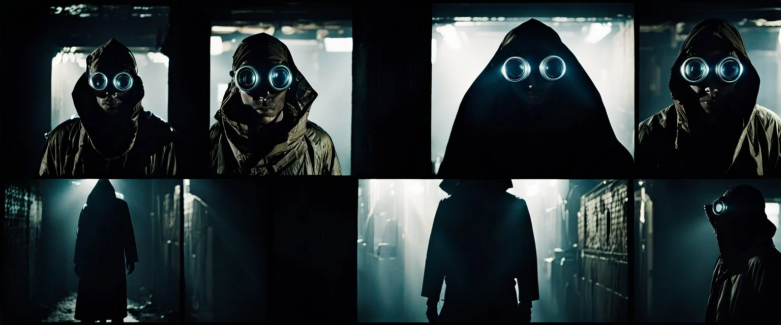 Whispers in the dark alleys of the surviving cities speak of Kai Virtuoso - the ghost in the machine. Draped in garments seamlessly integrated with camouflage tech, and goggles perpetually projecting data streams before his eyes, imperfection, natural lighting, cinematic, Fuji Film, Anamorphic lens, 2040s, Solarpunk