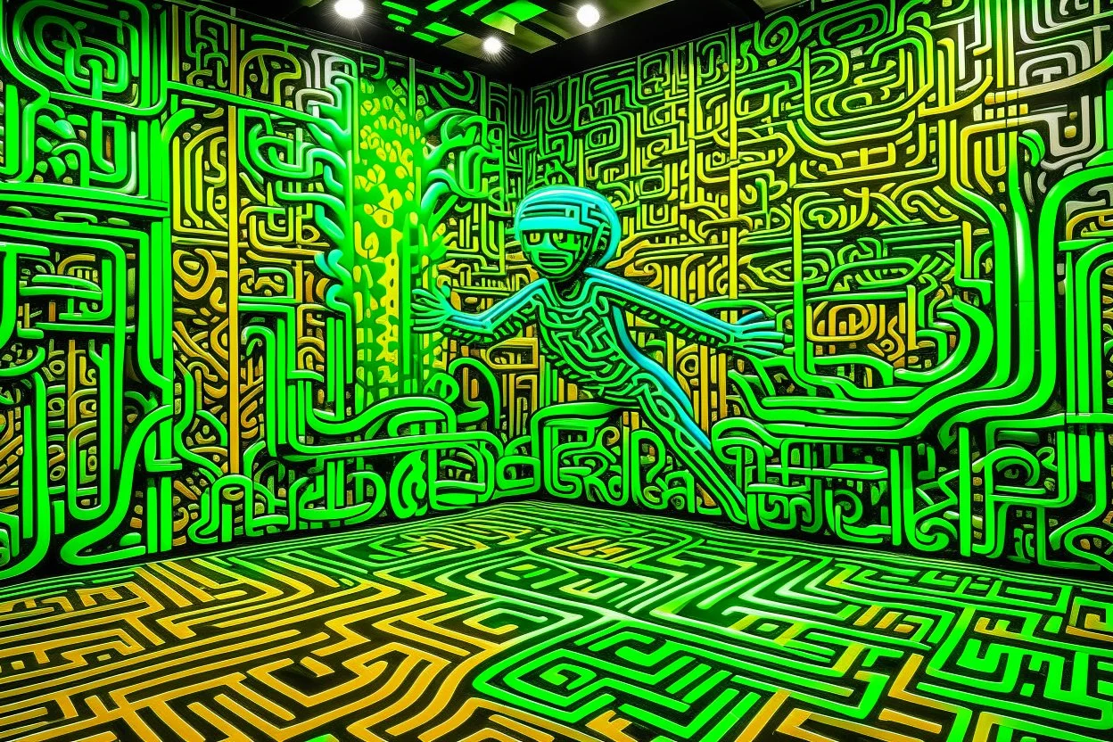 A green cybernetic forest designed in Chinese paper art painted by Keith Haring